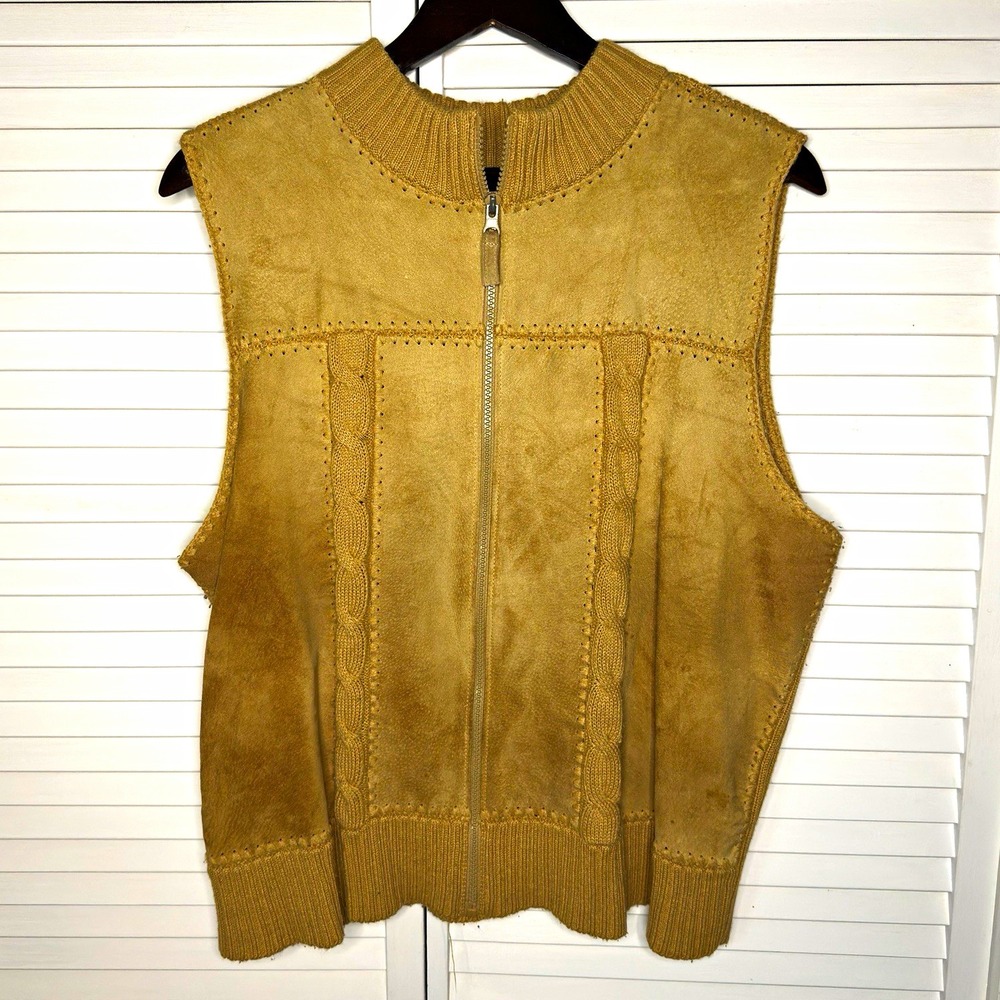 Designers Studio Originals XL Tan Suede Cable Knit Zip Vest Boho Western Casual